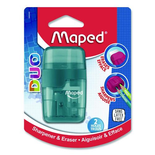 DUO 2-Hole Canister Pencil Sharpener/Eraser Combo, 3.74 x 1.08 x 4.92, Randomly Assorted Colors