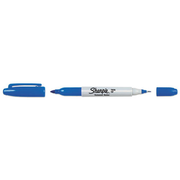 Twin-Tip Permanent Marker, Extra-Fine/Fine Bullet Tips, Blue, Dozen