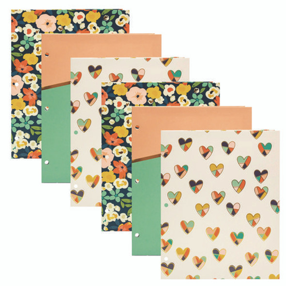 Two-Pocket Portfolio Folder, 1" Capacity, 9.6 x 11.9, Floral/Geometric/Hearts, 6/Pack