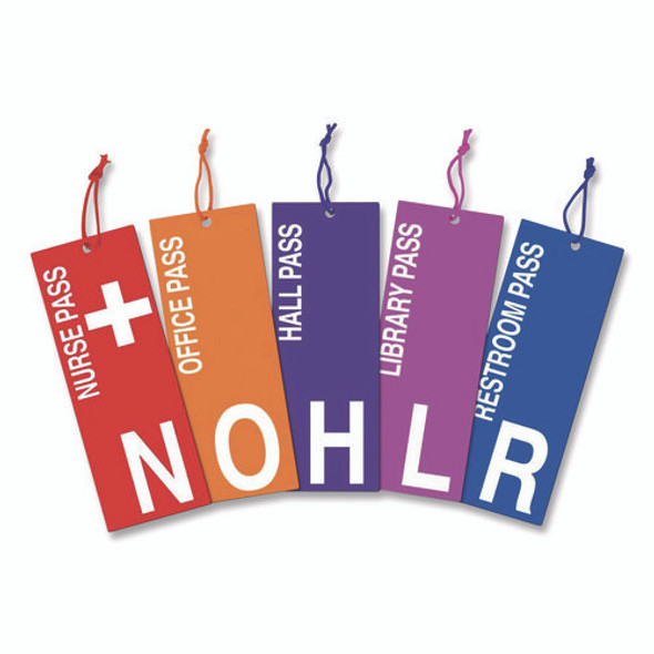 Laminated Hall Passes with Cords, Assorted Messages, 3.4 x 9 x 0.1, Assorted Color Faces, 5/Set, 24 Sets/Carton