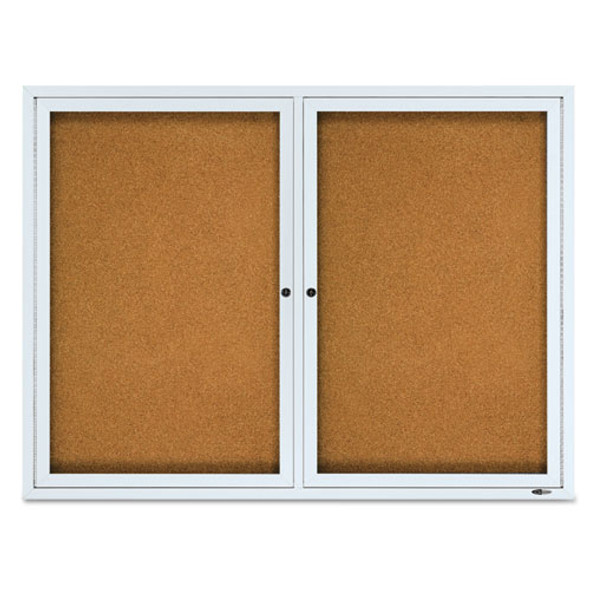 Enclosed Outdoors Bulletin Board with Two Doors, 48" x 36", Tan Surface, Anodized Aluminum Frame