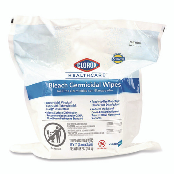 Bleach Germicidal Wipes, Refill for Bucket, 1-Ply, 12 x 12, Unscented, White, 110/Pouch Bleach Germicidal Wipes, Refill for Bucket, 1-Ply, 12 x 12, Unscented, White, 110/Pouch