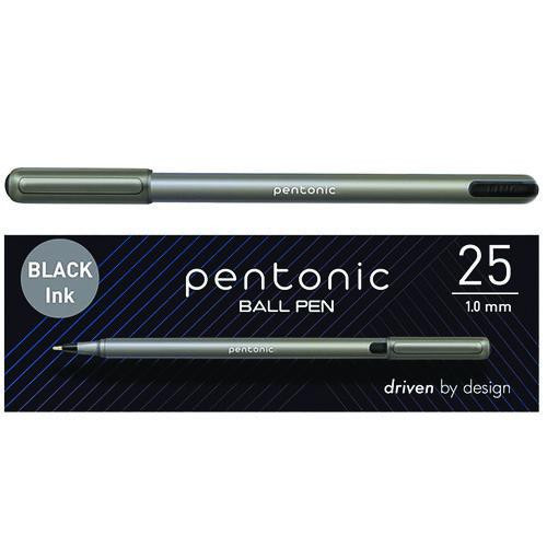 PENTONIC Ballpoint Pen, Stick, Medium 1 mm, Black Ink, Charcoal Gray Barrel, 25/Pack