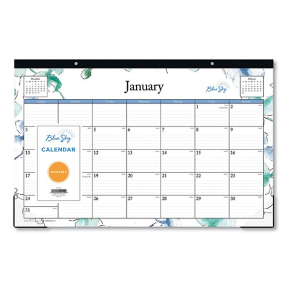 Lindley Desk Pad, Floral Artwork, 17 x 11, White/Blue/Green Sheets, Black Binding, Clear Corners, 12-Month (Jan to Dec): 2025