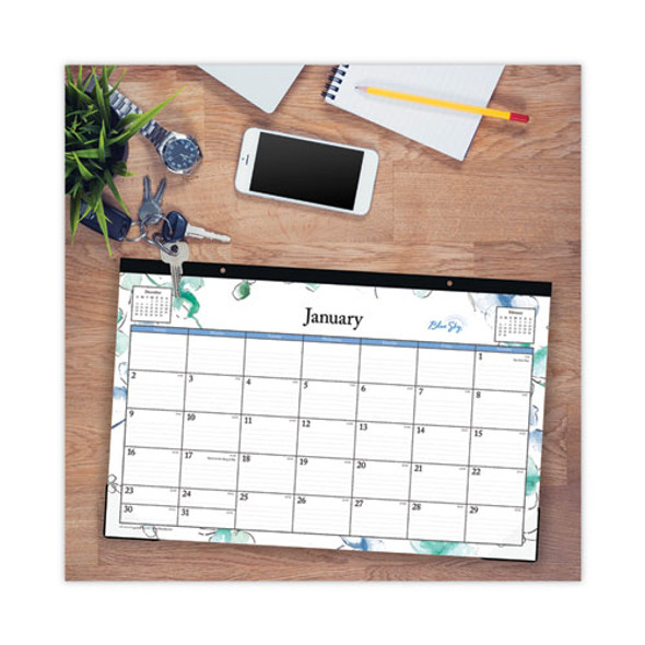 Lindley Desk Pad, Floral Artwork, 17 x 11, White/Blue/Green Sheets, Black Binding, Clear Corners, 12-Month (Jan to Dec): 2025