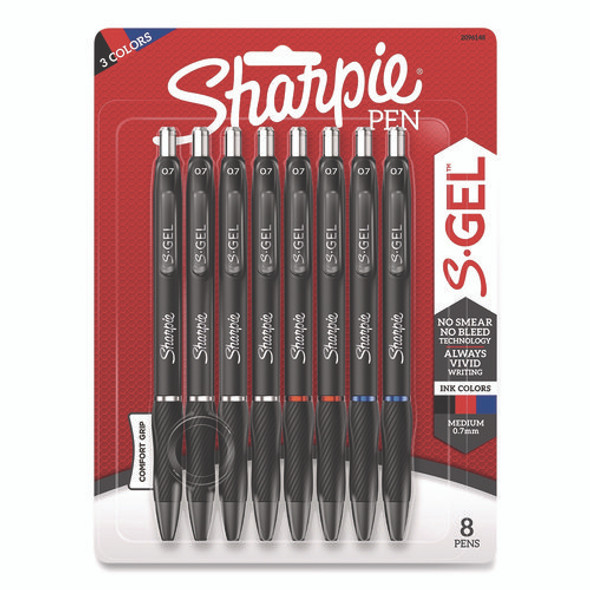 S-Gel High-Performance Gel Pen, Retractable, Medium 0.7 mm, Assorted Ink Colors, Black Barrel, 8/Pack