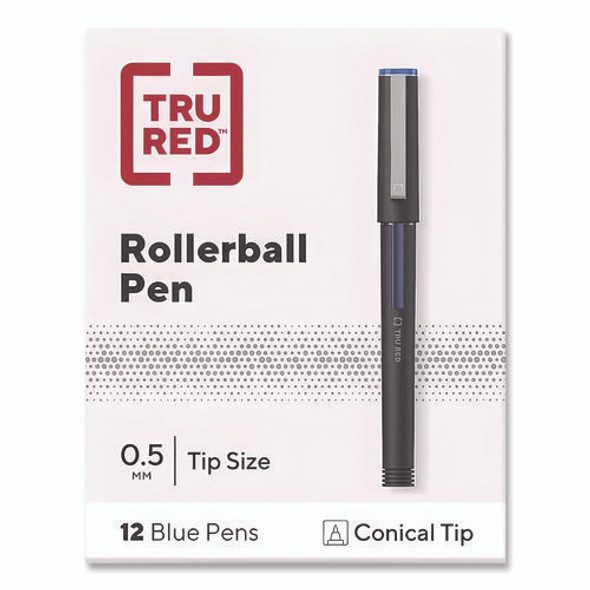 Rollerball Pen, Stick, Fine 0.5 mm, Blue Ink, Black/Blue/Clear Barrel, Dozen
