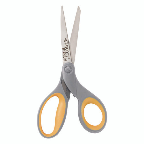 Titanium Bonded Scissors, 8" Long, 3.5" Cut Length, Straight Gray/Yellow Handle, 3/Pack