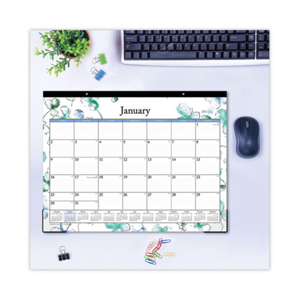 Lindley Desk Pad, Floral Artwork, 22 x 17, White/Blue/Green Sheets, Black Binding, Clear Corners, 12-Month (Jan to Dec): 2025
