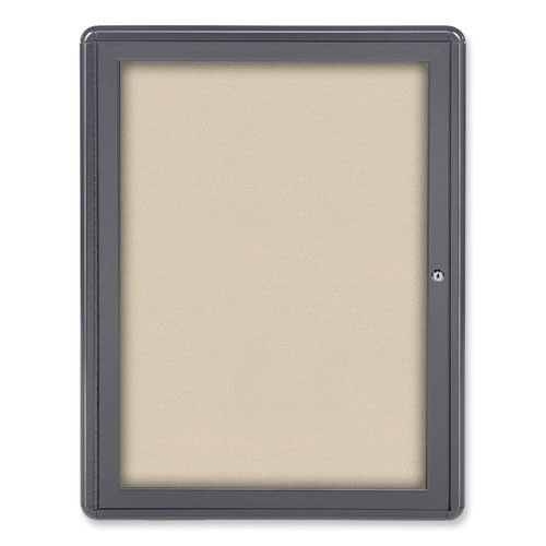 Ovation 1 Door Enclosed Fabric Bulletin Board, 24.13" x 33.75", Beige Surface, Powder-Coated Gray Aluminum Frame