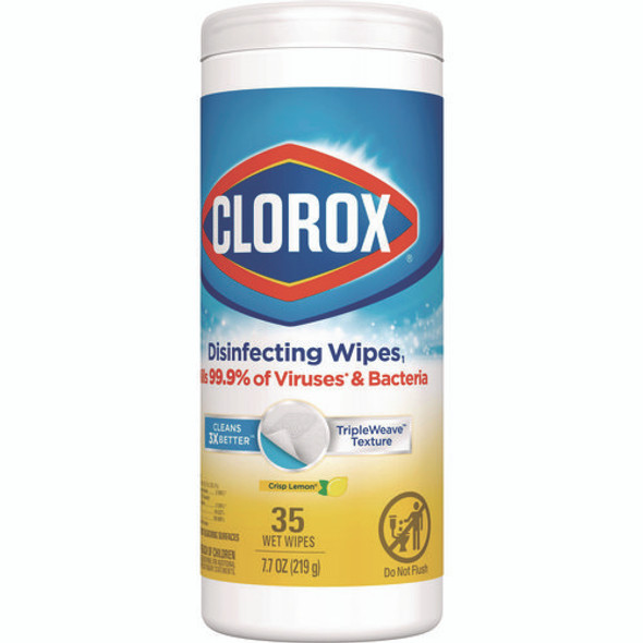 Disinfecting Wipes, Bleach Free Cleaning Wipes, 1-Ply, 7 x 8, Crisp Lemon, White, 35/Canister, 12 Canisters/Carton
