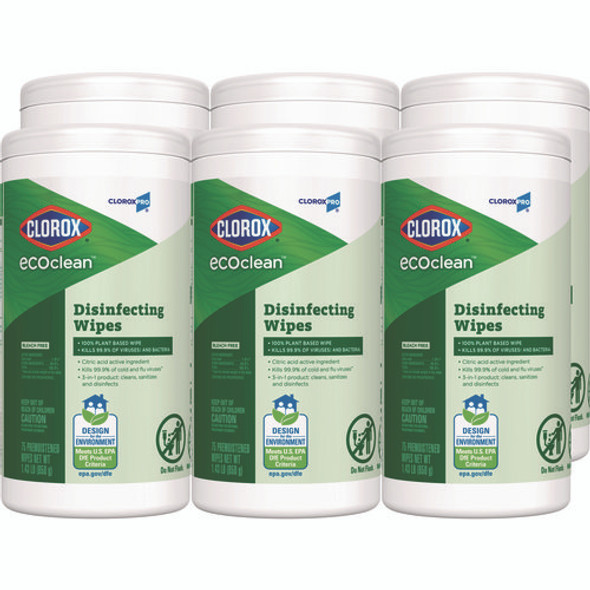 CloroxPro EcoClean Disinfecting Wipes, 1-Ply, 8 x 7, Unscented, White, 75 Count, 6/Carton CloroxPro EcoClean Disinfecting Wipes, 1-Ply, 8 x 7, Unscented, White, 75 Count, 6/Carton