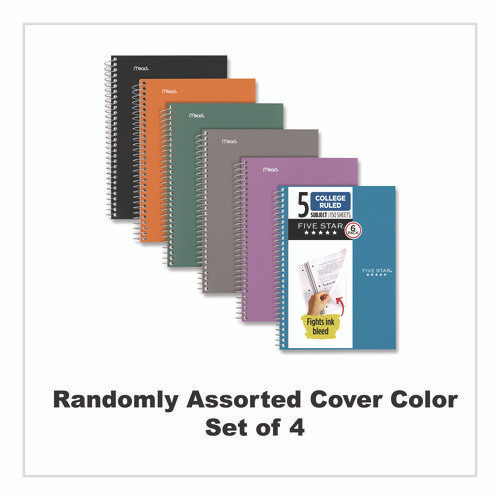 Wirebound Notebook, 5-Subject, Medium/College Rule, Assorted Cover Colors, (150) 9.5 x 6.63 Sheets, 6/Pack