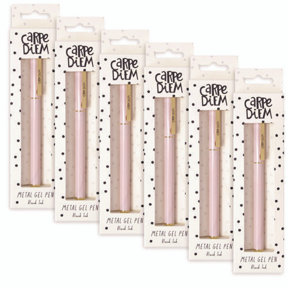 Carpe Diem Metal Gel Pen, Stick, Medium 0.7 mm, Black Ink, Pink Barrel, 6/Pack