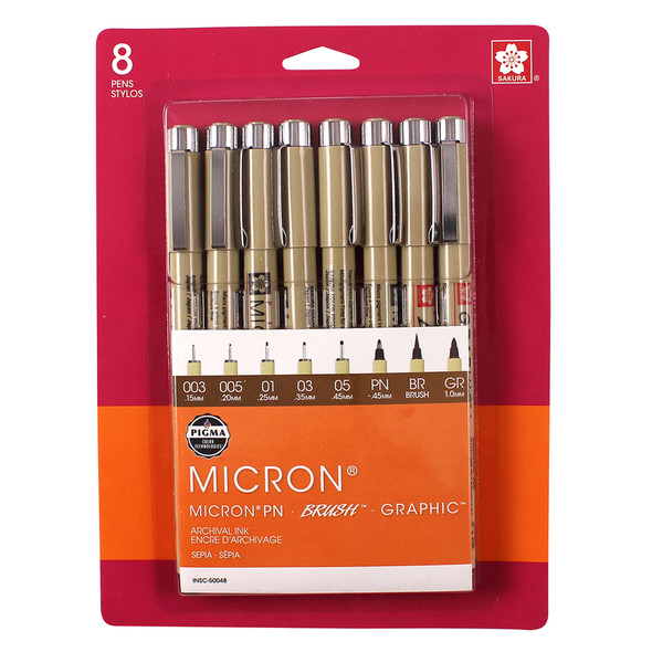 Pigma Micron Pens, Sepia, Assorted Sizes, 8-Piece Set, Blister Card