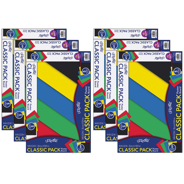 Poster Board, 5 Assorted Primary Colors, 14" x 22", 5 Sheets Per Pack, 6 Packs