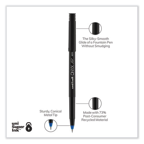 ONYX Rollerball Pen, Stick, Extra-Fine 0.5 mm, Blue Ink, Black/Blue Barrel, Dozen