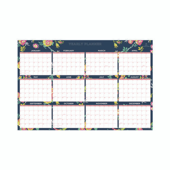 Day Designer Peyton Laminated Erasable Wall Calendar, Floral Artwork, 36 x 24, White/Navy Sheets, 12-Month (Jan to Dec): 2025
