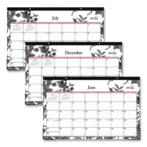 Analeis Academic Year Desk Pad Calendar, Floral Artwork, 17 x 11, White/Black/Coral Sheets, 12-Month (July-June): 2024-2025