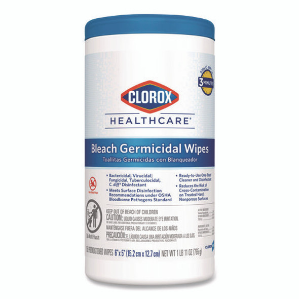 Bleach Germicidal Wipes, 1-Ply, 6 x 5, Unscented, White, 150/Canister