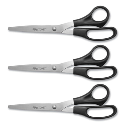 All Purpose Stainless Steel Scissors, 8" Long, 3.5" Cut Length, Offset Black Handle, 3/Pack