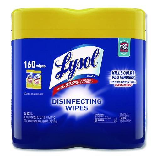 Disinfecting Wipes, 1-Ply, 7 x 7.25, Lemon and Lime Blossom, White, 80 Wipes/Canister, 2 Canisters/Pack