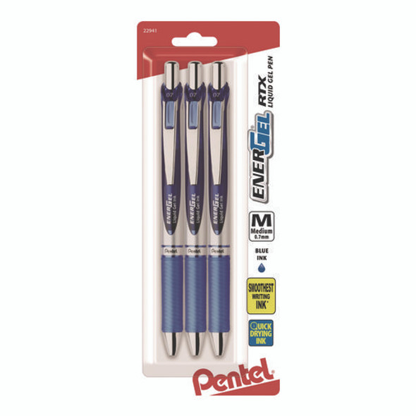 EnerGel RTX Gel Pen, Retractable, Medium 0.7 mm, Blue Ink, Blue/Silver Barrel, 3/Pack