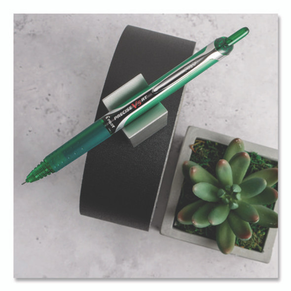 Precise V5RT Rollerball Pen, Retractable, Extra-Fine 0.5 mm, Green Ink, Green/Silver Barrel