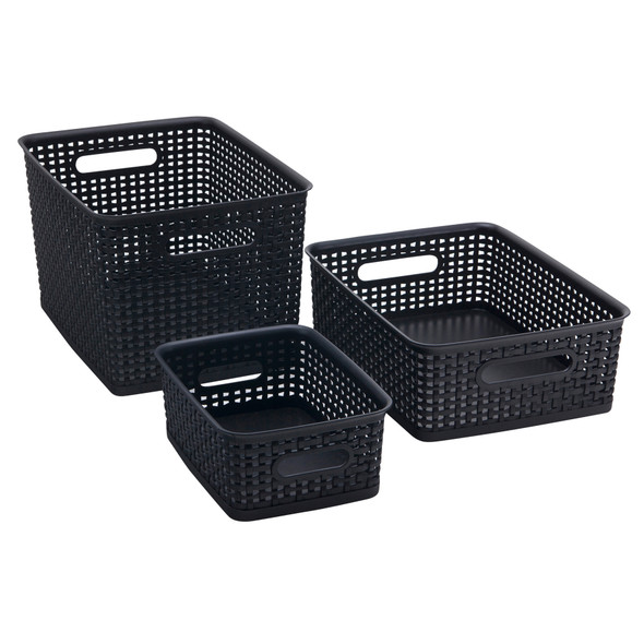 Plastic Weave Bin, Small, Black, Pack of 3 Plastic Weave Bin, Small, Black, Pack of 3