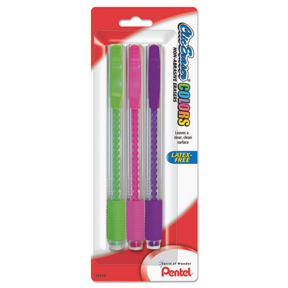 Clic Eraser COLORS Eraser, For Pencil Marks, White Eraser, Assorted Barrel Colors, 3/Pack Clic Eraser COLORS Eraser, For Pencil Marks, White Eraser, Assorted Barrel Colors, 3/Pack
