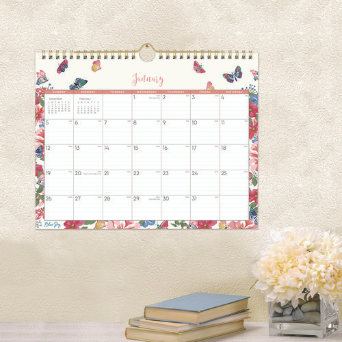 Fly By Monthly Wall Calendar, Butterflies Artwork, 11" x 8.75", Cream/Pink/Blue Sheets, 12-Month (Jan to Dec): 2025