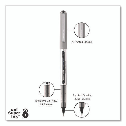 VISION Rollerball Pen, Stick, Fine 0.7 mm, Black Ink, Silver/Black/Clear Barrel, 36/Pack