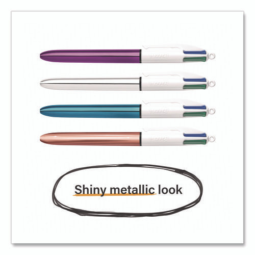 4-Color Shine Multi-Color Ballpoint Pen, Retractable, Medium 1mm, Black/Blue/Green/Red Ink, Assorted Metallic Barrels, 3/Pack