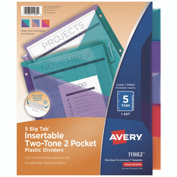 Big Tab Insertable Two-Pocket Plastic Dividers, 5-Tab, 11.13 x 9.25, Assorted, 1 Set