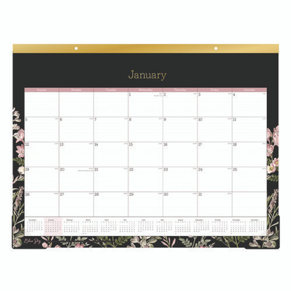 Neveah Monthly Desk Pad Calendar, Floral Artwork, 22" x 17", White/Black/Pink Sheets, Gold Headband, 12-Month (Jan-Dec): 2025