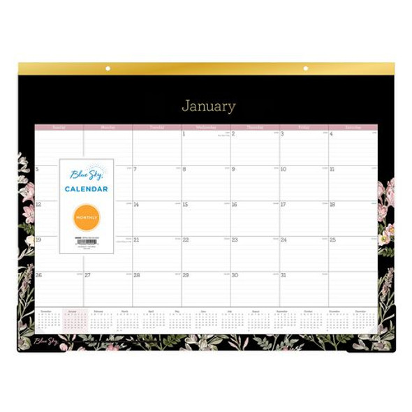 Neveah Monthly Desk Pad Calendar, Floral Artwork, 22" x 17", White/Black/Pink Sheets, Gold Headband, 12-Month (Jan-Dec): 2025