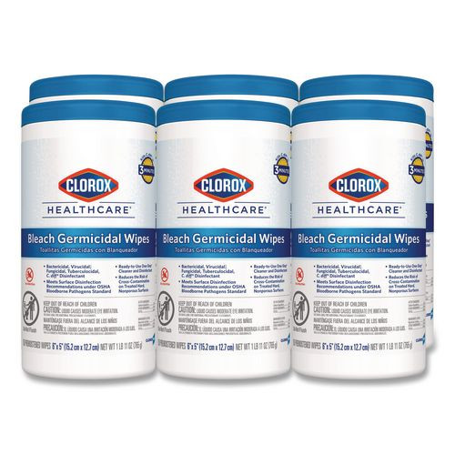 Bleach Germicidal Wipes, 1-Ply, 6 x 5, Unscented, White, 150/Canister, 6 Canisters/Carton