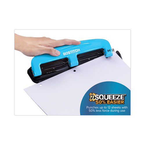 12-Sheet EZ Squeeze Three-Hole Punch, 9/32" Holes, Blue/Black