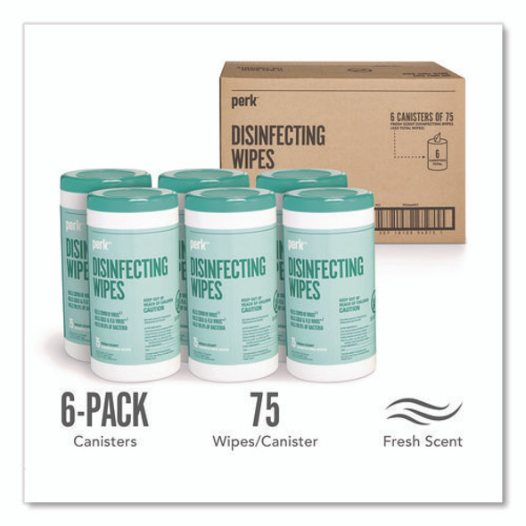 Disinfecting Wipes, 7 x 8, Fresh, White, 75 Wipes/Canister, 6/Carton