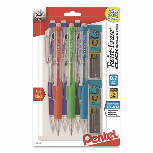 Twist-Erase CLICK Mechanical Pencil, 0.7 mm, HB (#2), Black Lead, Assorted Barrel Colors, 6/Pack