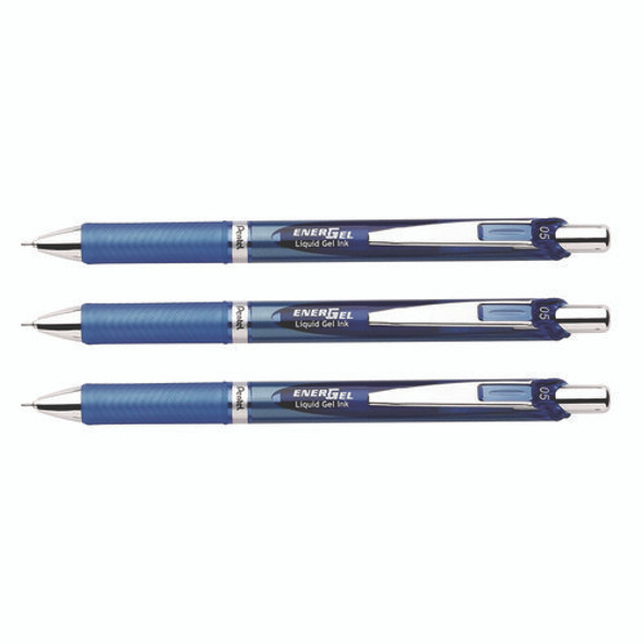 EnerGel RTX Deluxe Gel Pen, Retractable, Fine 0.5 mm, Blue Ink, Blue/Silver Barrel, 3/Pack