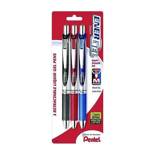EnerGel RTX Deluxe Gel Pen, Retractable, Medium 0.7 mm, Assorted Ink and Barrel Colors, 3/Pack