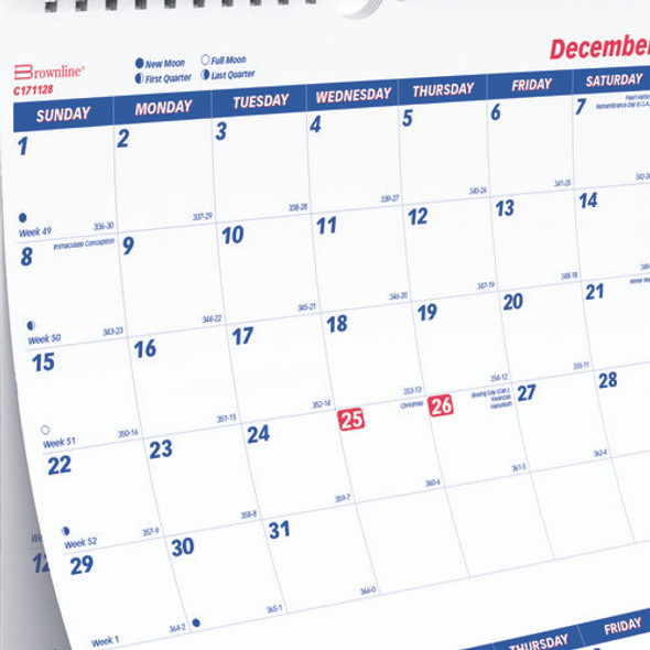 Three-Month Wall Calendar, 12.25" x 27", White/Blue Sheets, 14-Months: Dec 2024 to Jan 2026