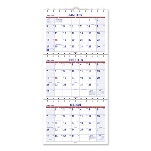Move-A-Page Three-Month Wall Calendar, 12 x 27, White/Red/Blue Sheets, 15-Month: Dec 2024 to Feb 2026
