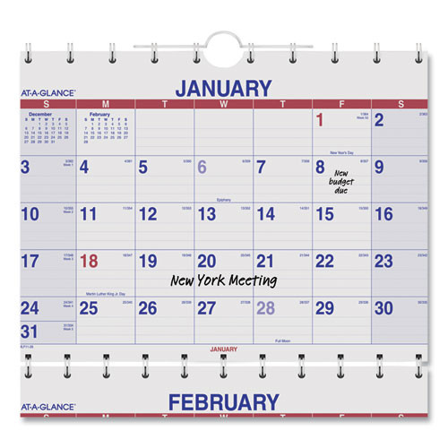 Move-A-Page Three-Month Wall Calendar, 12 x 27, White/Red/Blue Sheets, 15-Month: Dec 2024 to Feb 2026