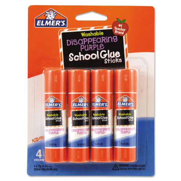 Washable School Glue Sticks, 0.24 oz, Applies Purple, Dries Clear, 4/Pack