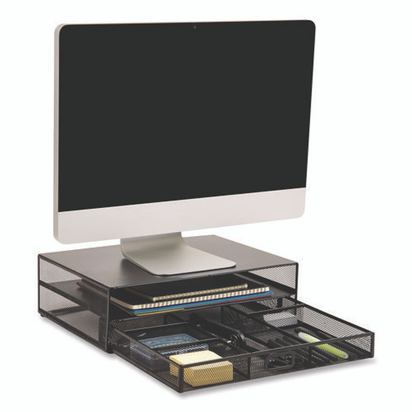 Multi-Tier Monitor Stand with 25-Piece Office Supplies Starter Pack, 15.75" x 11.75" x 4.5", Black, Supports 30 lb