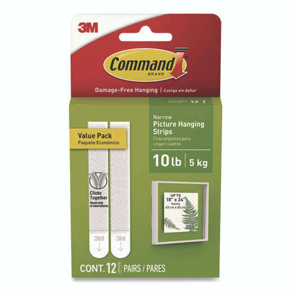 Picture Hanging Strips, Narrow, Removable, Holds Up to 10 lbs per 4 Pairs, 0.5 x 3.65, White, 12 Pairs/Pack