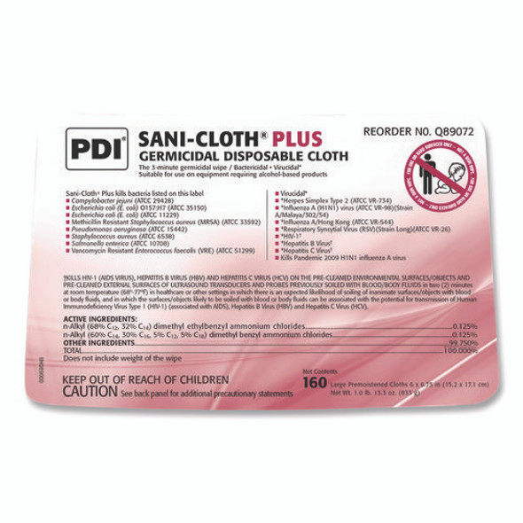 PDI San-Cloth Plus Germicidal Disposable Cloth, 6 x 6.75, Unscented, White, 160/Pack