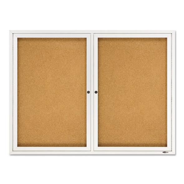 Enclosed Indoor Cork Bulletin Board with Two Hinged Doors, 48" x 36", Tan Surface, Satin Aluminum Frame
